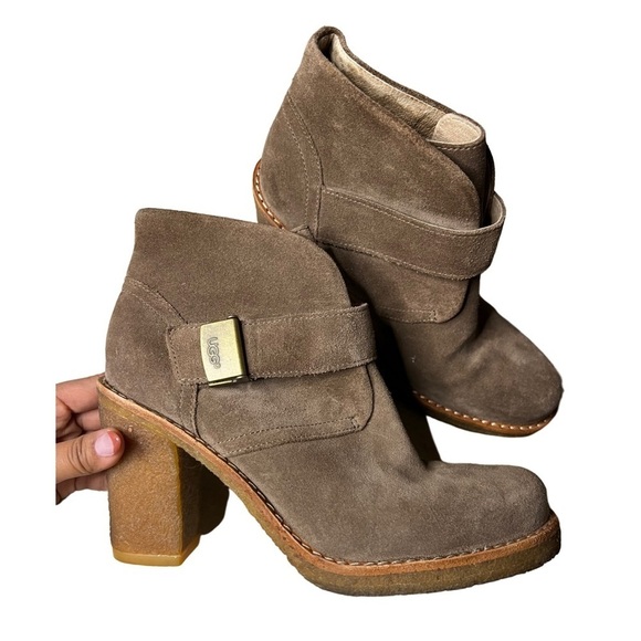 UGG Australia Tan Suede Shearling Brienne Buckle Tab Ankle Boots Size 7 - Picture 2 of 7